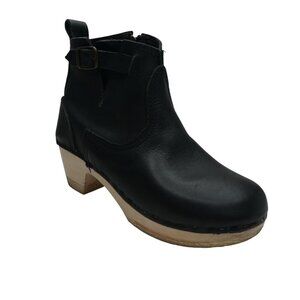 No. 6 Black Leather Wooden Heel Clog Buckle Ankle Boots Womens 38 US 7.5